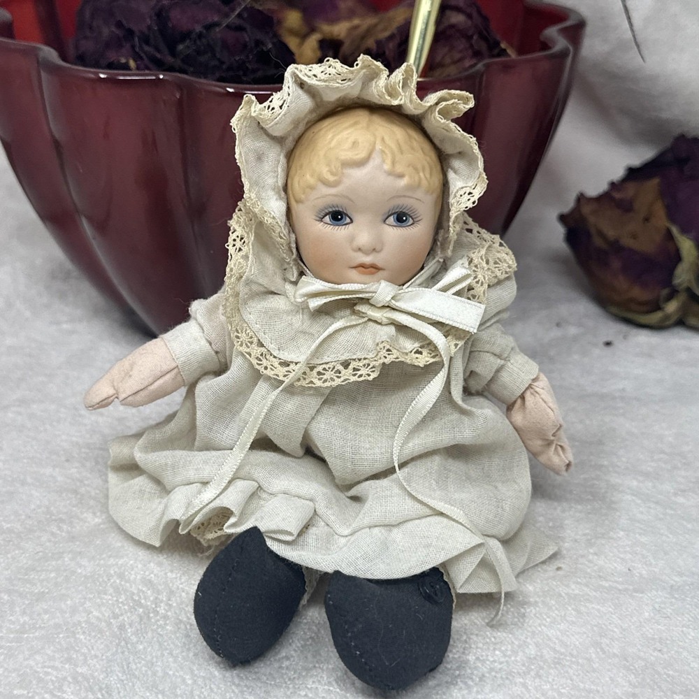 Vintage Porcelain Head Soft Body Collector Doll 8" Victorian Style Lace Bonnet